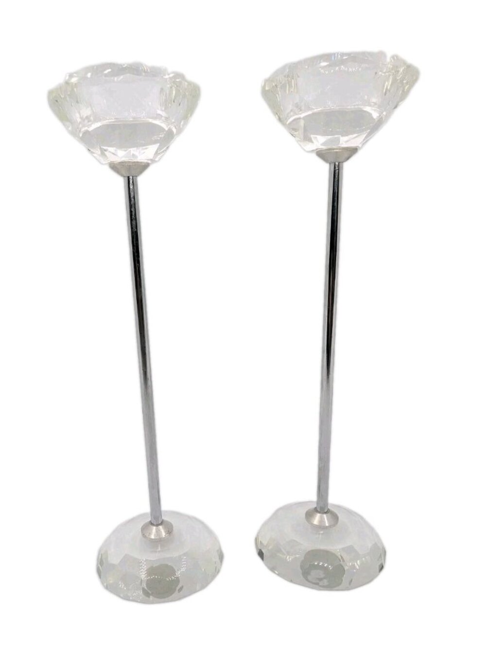 Set Crystal Faceted Glass tea light Candle Holders 10.25" Hollywood Regency Chic
